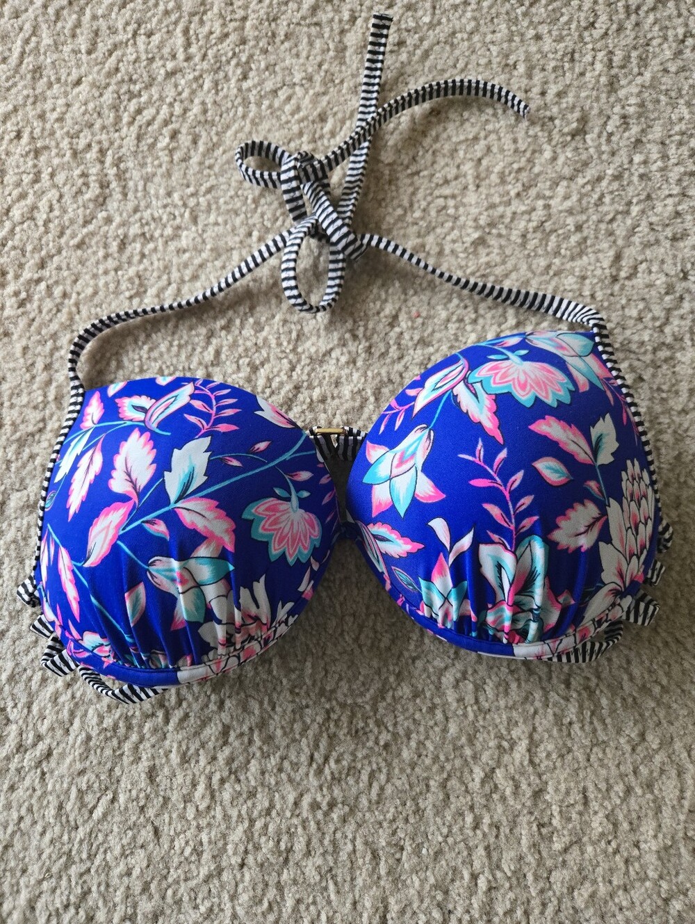 Floral Blue Push-Up Bikini Top with Striped Ties. Shade Shore